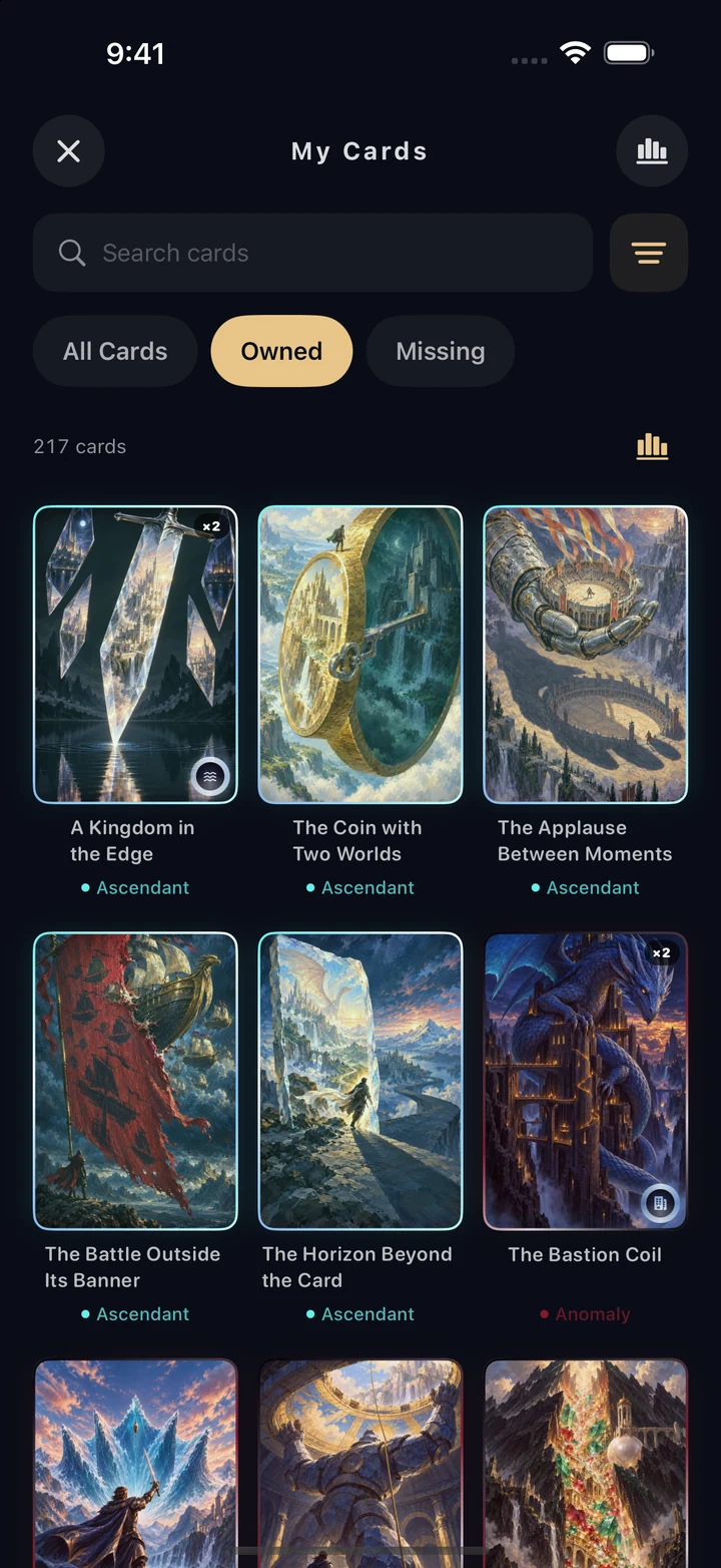 The Chroma Binder displaying owned cards in rarity order