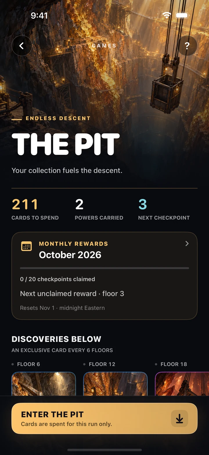 The Pit run screen with a floor checkpoint and monthly reward progress