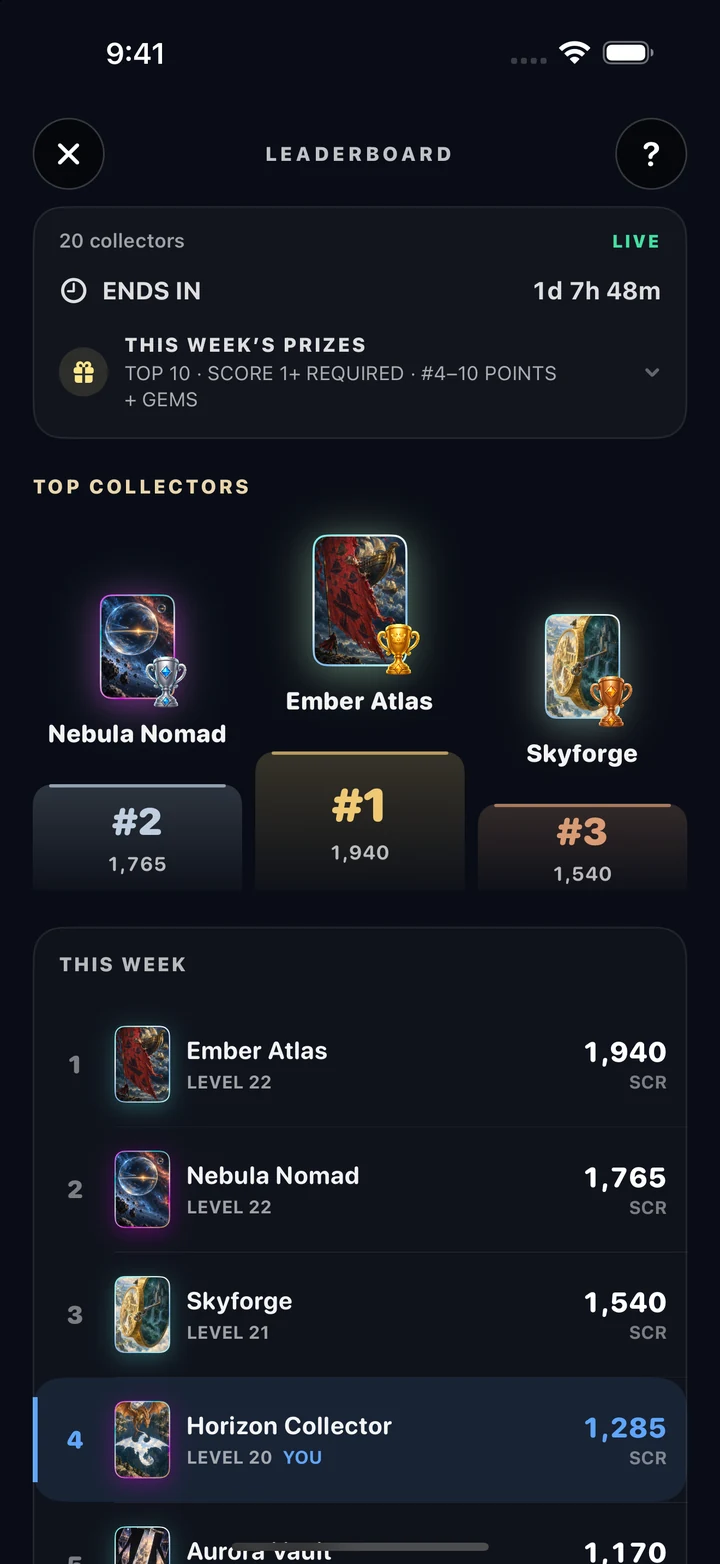Chroma Weekly Sprint showing the weekly score, collector podium, and leaderboard standings