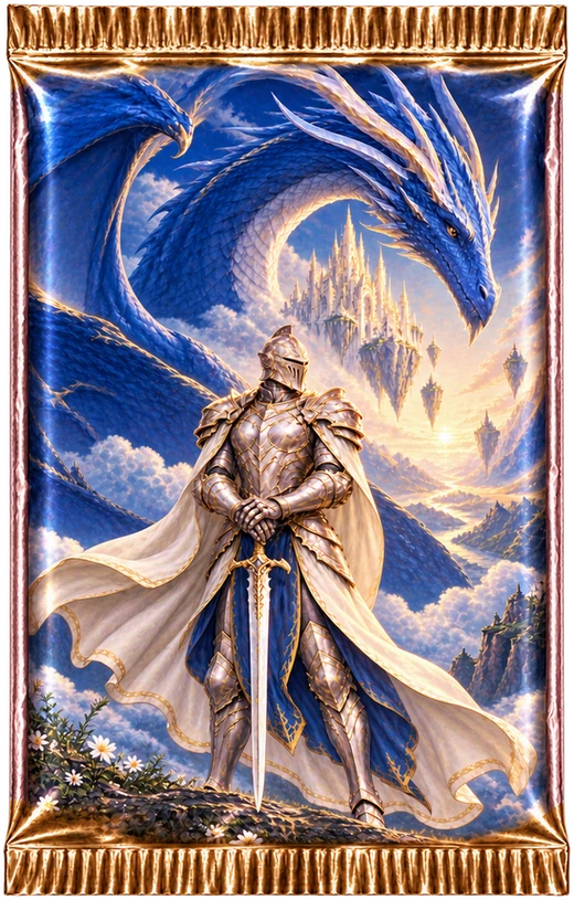 A sealed Crown of Horizons booster pack featuring an armored knight